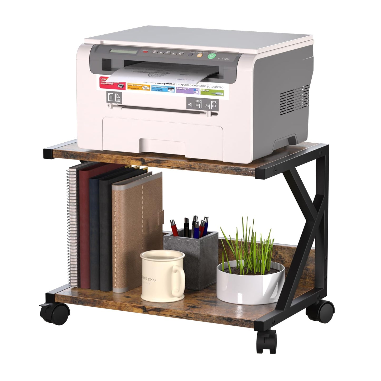 Huhote 2 Tier Desktop Printer Stand, Under Desk Printer Table, Multi-Purpose Desktop Storage and Organize