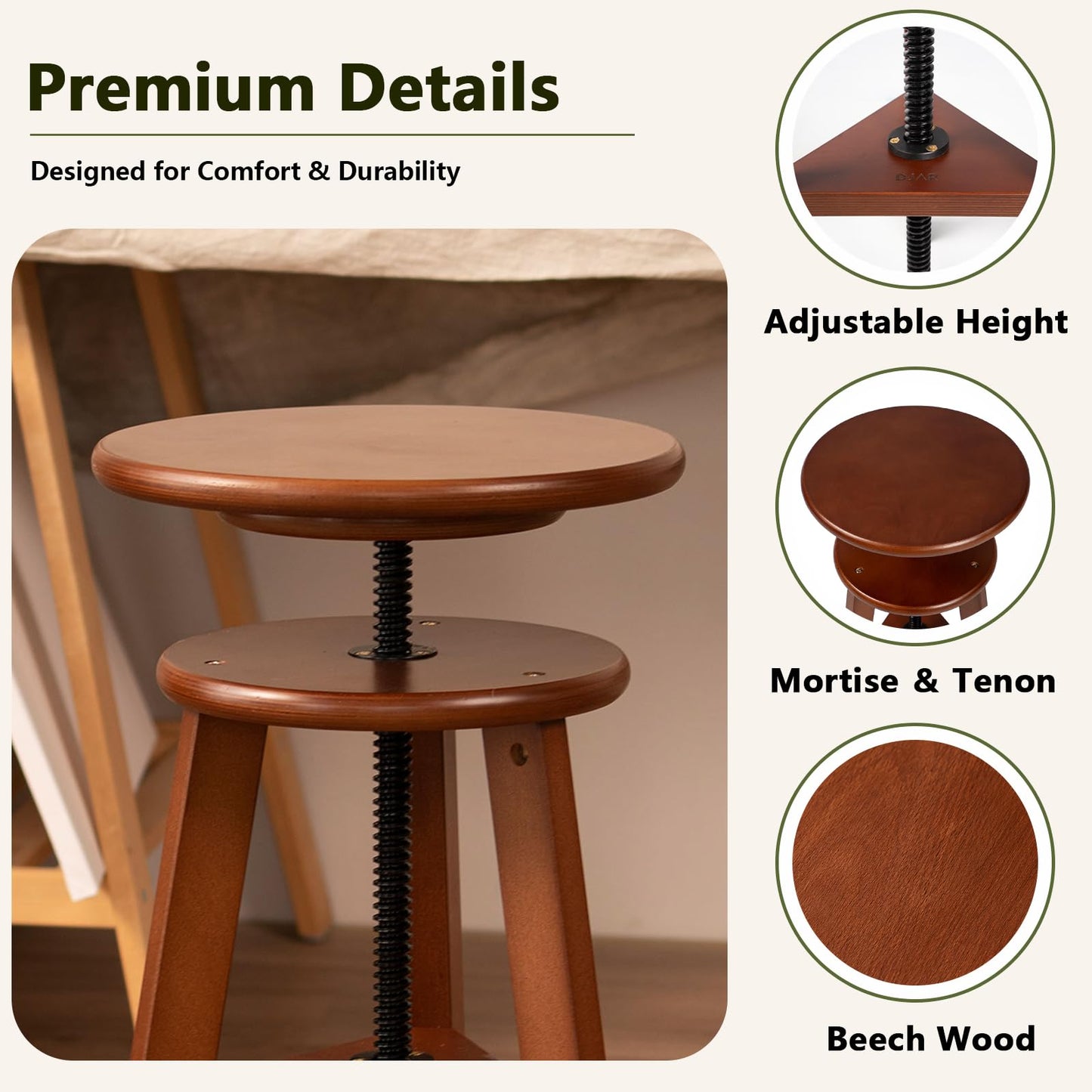 DJAR Wooden Drafting Stool, Adjustable Beech Wood Artist Stool Chair, Swivel Height Adjustable Seat 19"-26", FSC-Certified Wood, Supports 180 Lbs