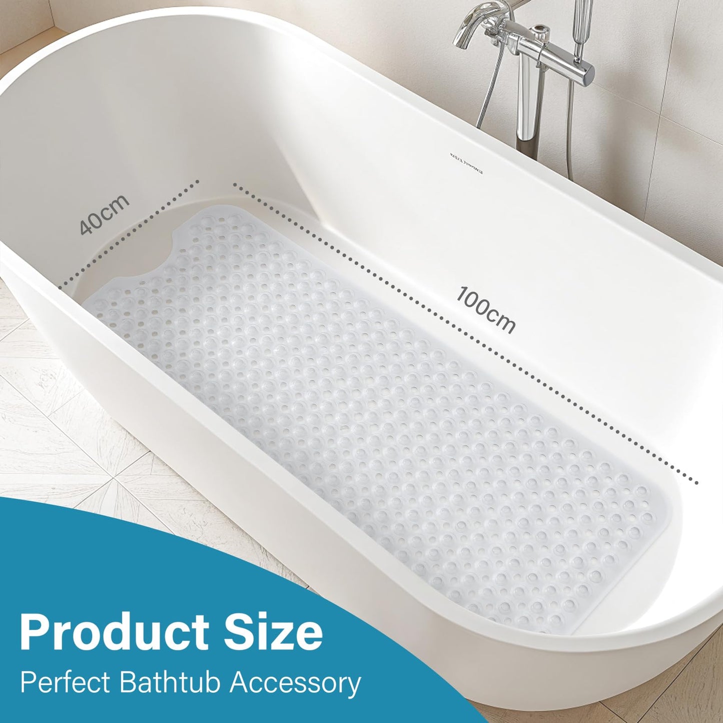 Smiry Non Slip Bath Mat with 300 Strong Suction Cups, 100x40cm