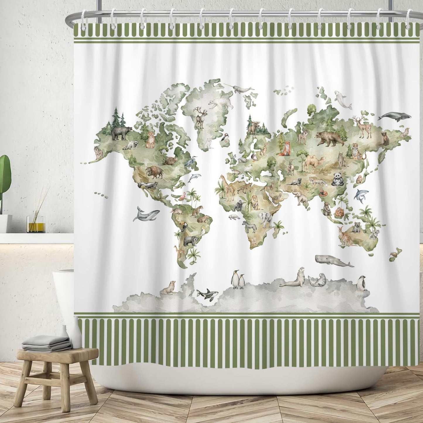 ASDCXZ Funny Shower Curtain 180x180 cm, Green Stripes Funny Animals World Map White Washable Bath Shower Curtains Polyester Textile Waterproof Shower
