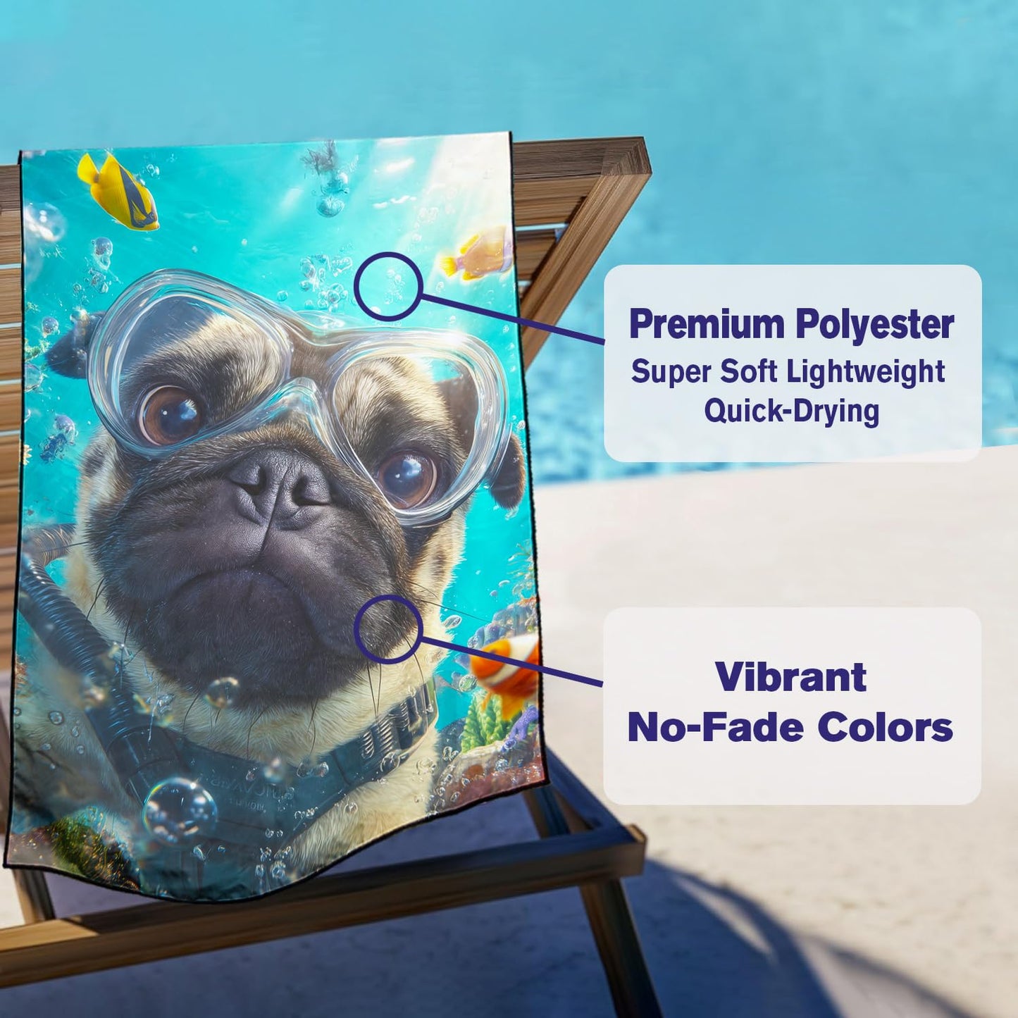 Violetpos Scuba Pug Group Beach Towel for Dog Lovers, Extra Large 180x90 cm 250GSM Microfibre, Sand Free Quick Dry