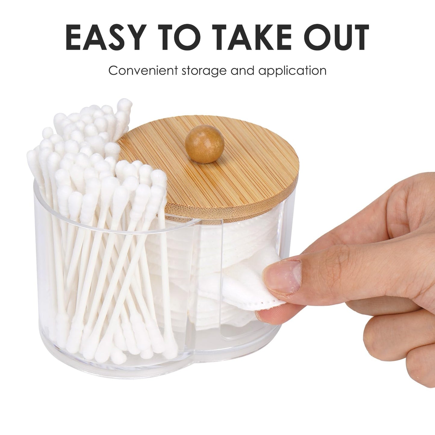Adorila Compact Cotton Pad and Cotton Bud Holder with Bamboo Lid, Clear