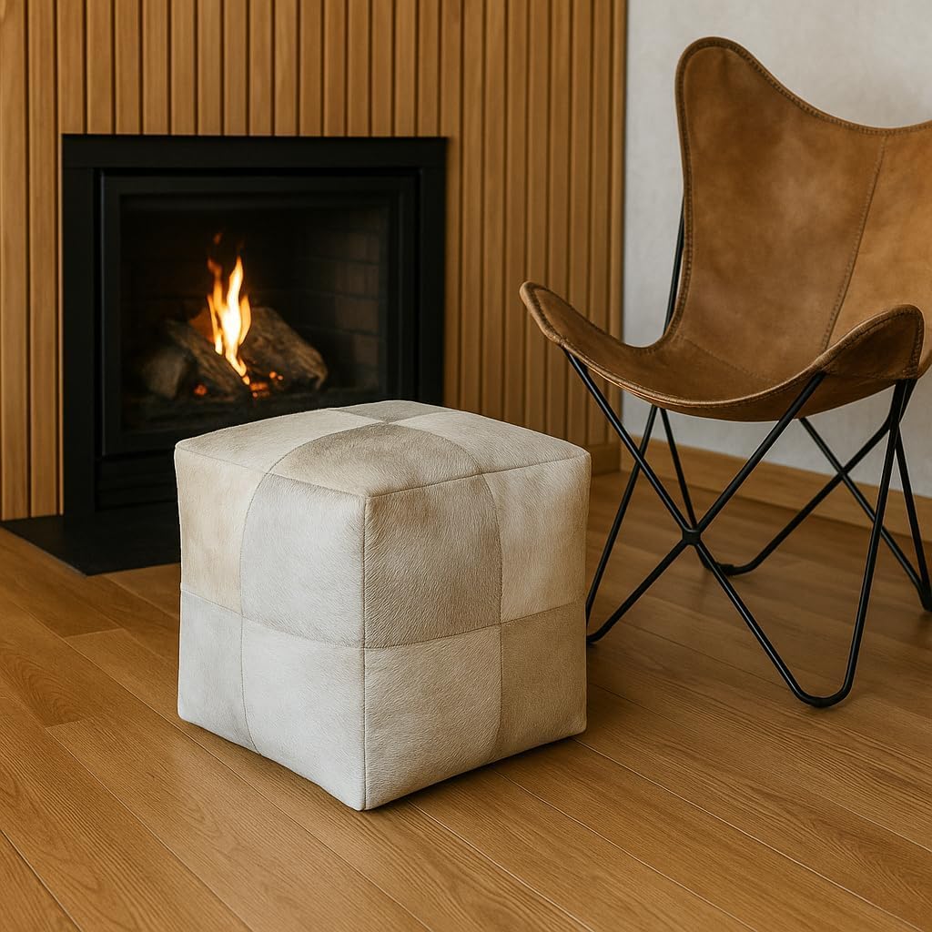 Heaven Hush Unstuffed Pouffe Cover Ottoman Handmade Hair-on Leather Pouf Cover only Genuine Cowhide Square Footrest Footstool Seat for Balcony Office