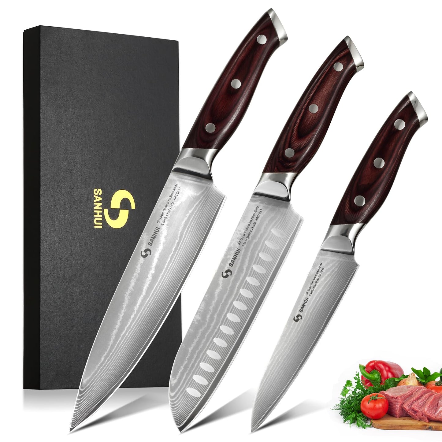SANHUI Damascus Chef Knife Set 3Pcs - Professional Kitchen Knife Sets with 67 Layers High Carbon Stainless Steel, Ultra-Sharp 8" Chef Knife, 7"