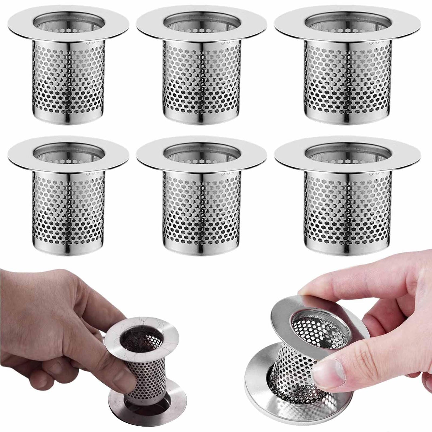 6 PCS Hair Catcher Shower Drain Cover Sink Strainer Stainless Steel Bathroom Drain Strainers Long Cylinder Tub Mesh Strainer Slop Sink Broken Hair