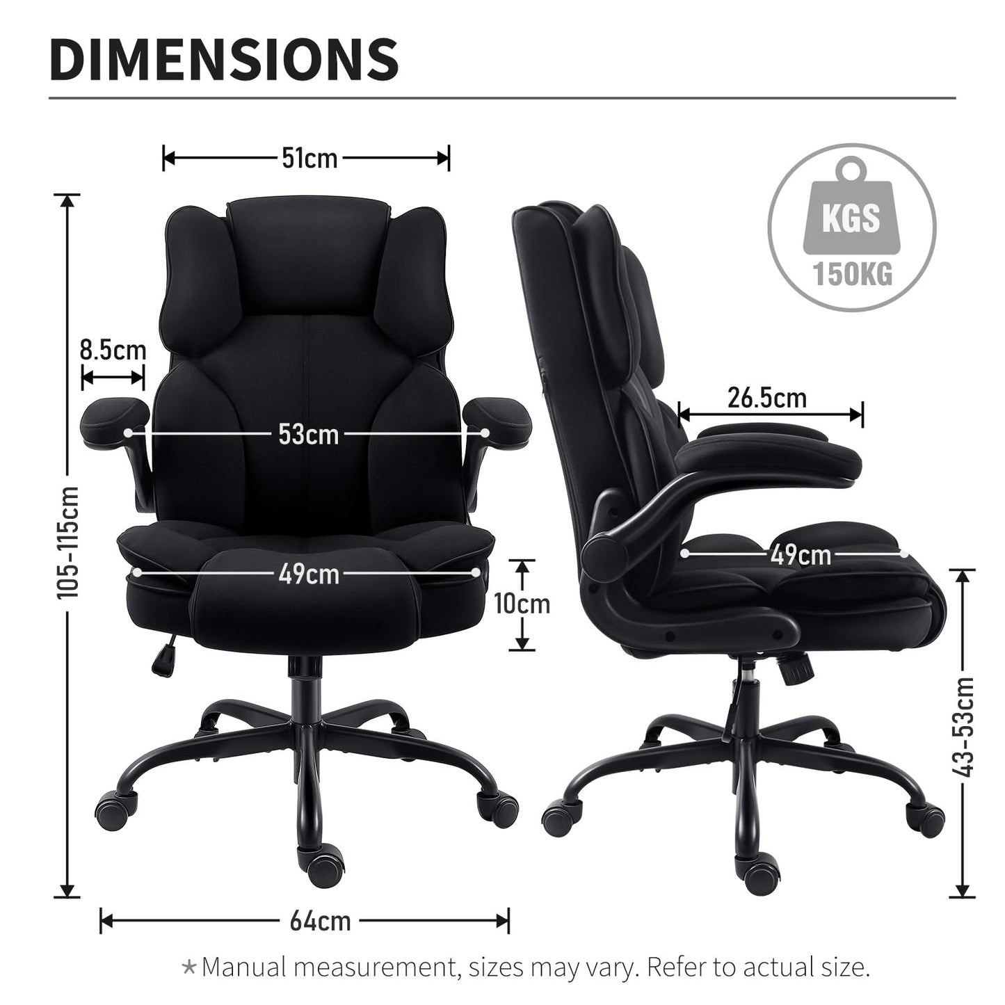 GGCIR Office Chair,Fabric Desk Chair with 90° Flip-up Armrest for Home or Office,Ergonomic Durable with Adjustable Height(Black)