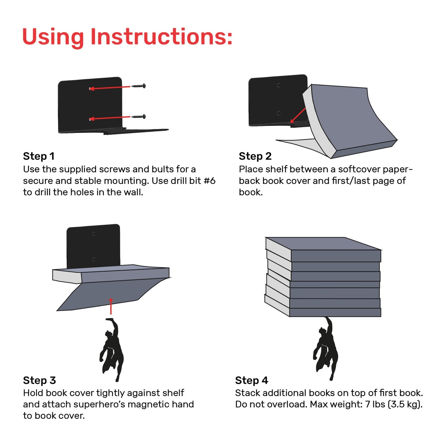 Artori Design Supershelf | Black Metal Superhero Floating Bookshelf | Concealed | Hidden Shelf | Unique Book Shelves | Gifts for Geeks