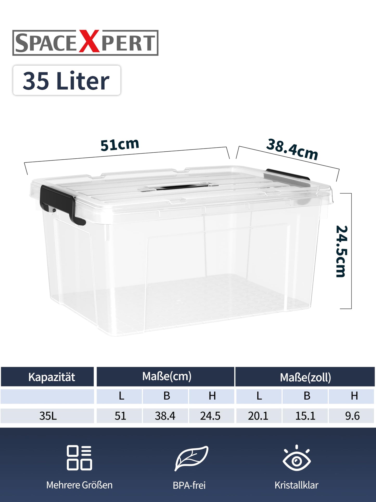SpaceXpert Storage Boxes with Lid 35L, Plastic Storage Box with Handle, Stackable Container for Home Office Garage Accessories, Hand-Carryable Bin