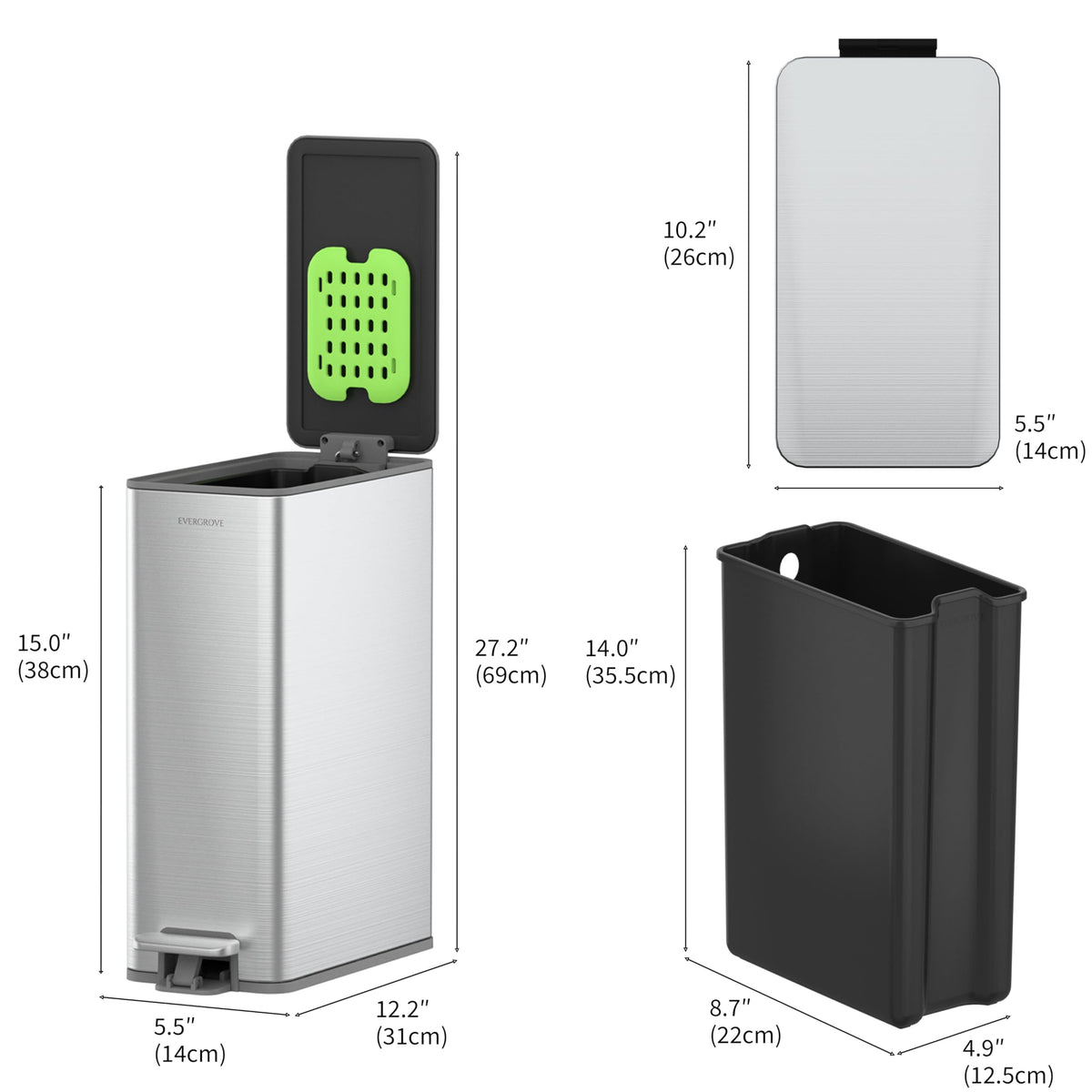 EverGrove 10L Slim Stainless Steel Bathroom Pedal Bin, Brushed Silver