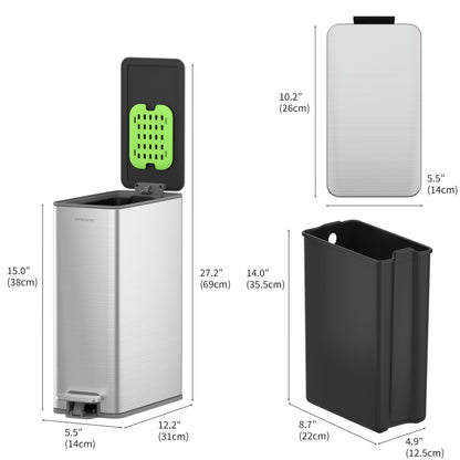 EverGrove 10L Slim Stainless Steel Bathroom Pedal Bin, Brushed Silver
