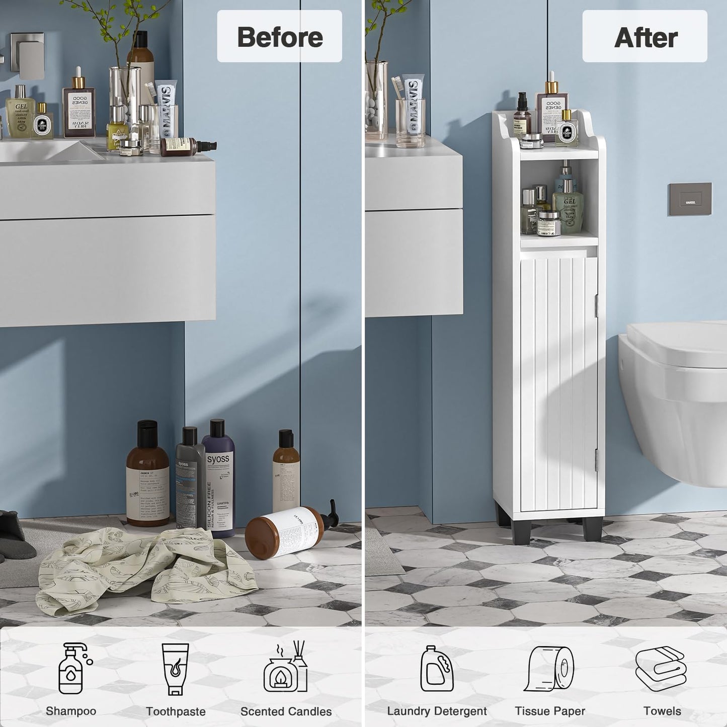 Yvsevnr Small Bathroom Storage Cabinet, Slim Bathroom Storage Unit, Narrow Bathroom Toilet Paper Storage Cabinet, Adjustable Shelves, Freestanding