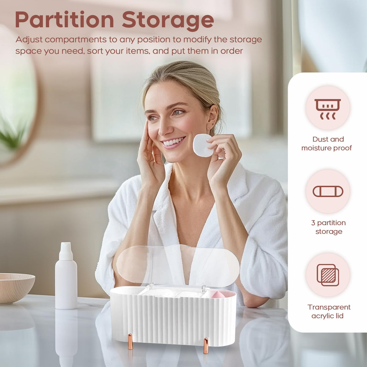 PCKOBEVER Makeup Pads Container, Cotton Swab Holder, Pad Dispenser With 3 Compartments, Storage With Lid, Makeup Organiser