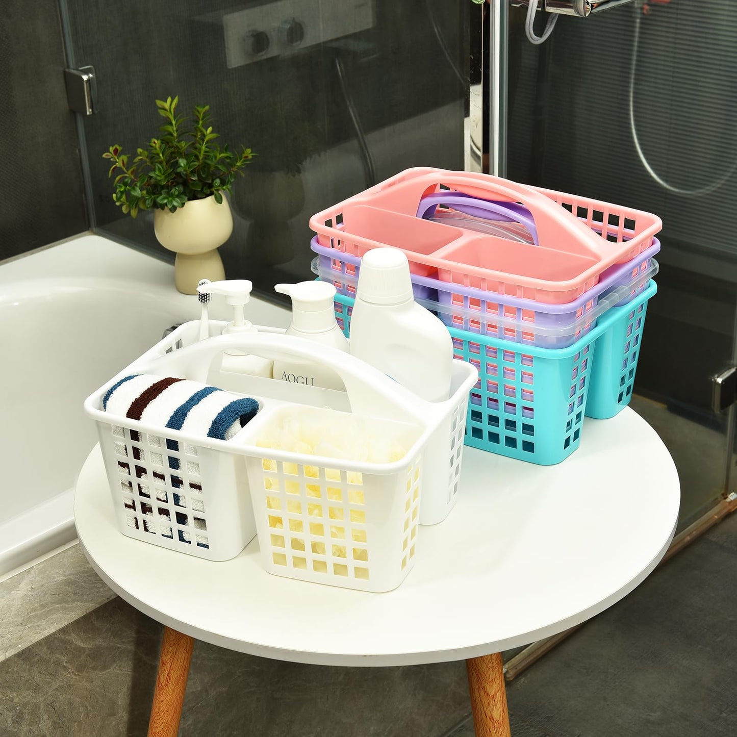 ALINK Plastic Shower Caddy Basket with Compartments, Portable Divided Cleaning Supply Storage Organizer with Handle for College Dorm Bathroom-Grey