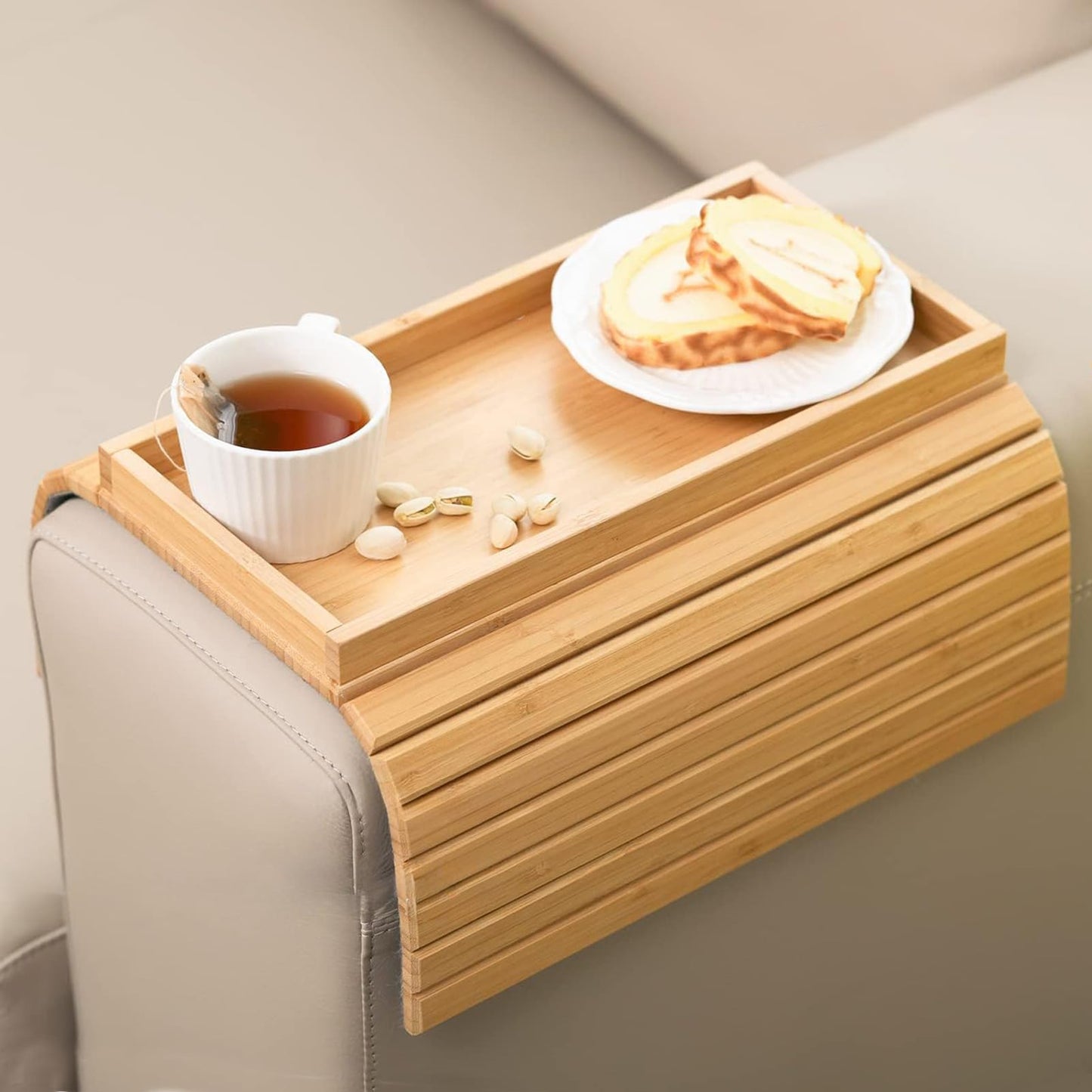 Sofa Arm Tray, Bamboo Foldable Couch Tray with Anti-Slip Fabric Backing, Sofa Side Table for Drinks, Snack, Magazine, and Remote(wood)