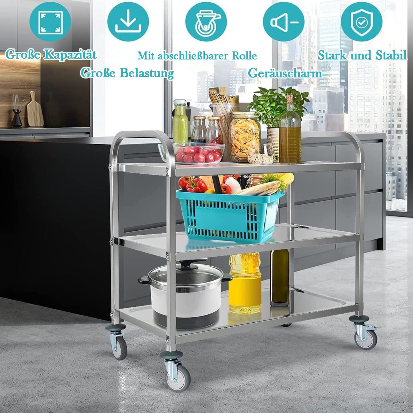ybaymy Serving Trolley, Stainless Steel, 3 Shelves, 80 cm Height, Wheels with Brake, Food Trolley for Hotel Restaurant Kitchen