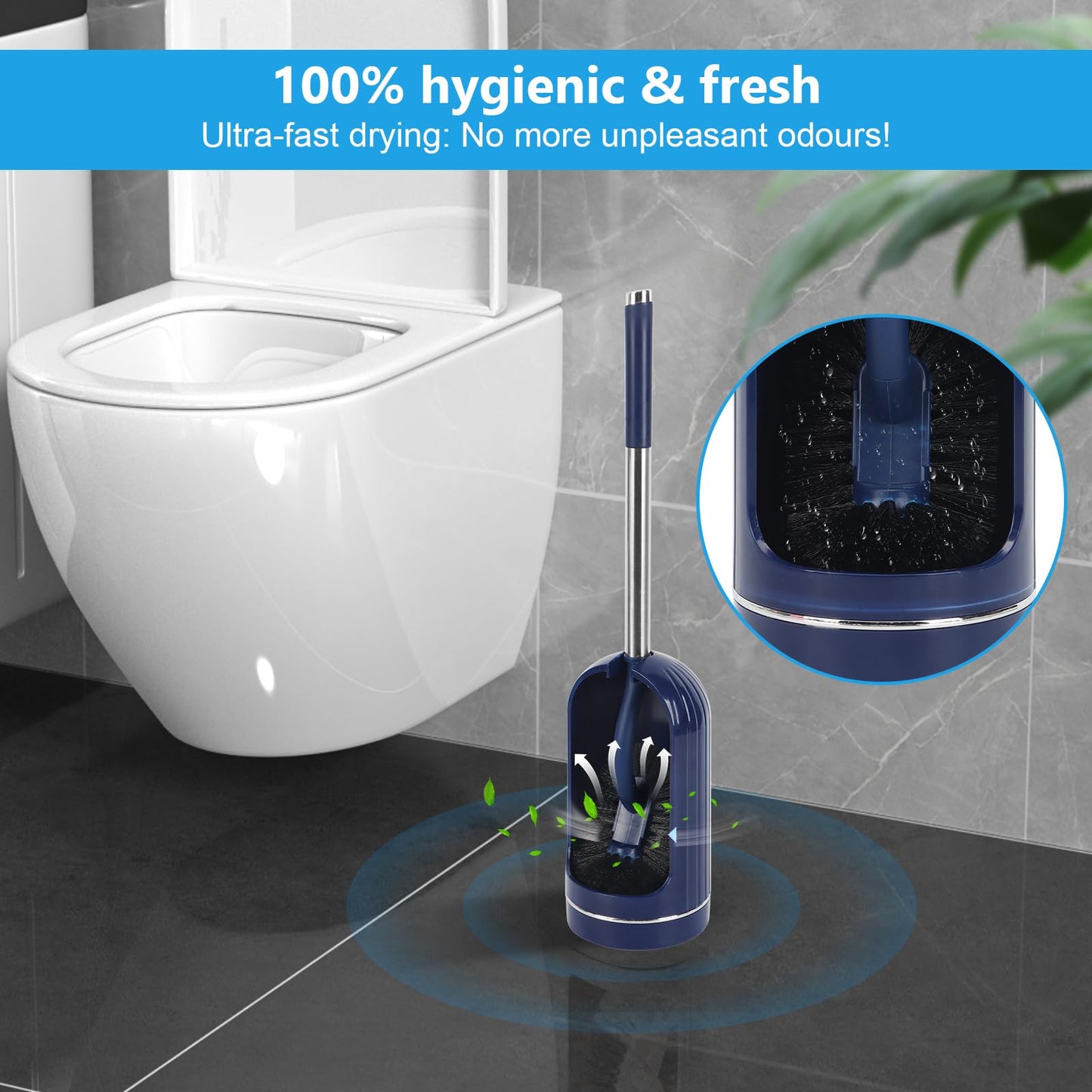 2 Pack Toilet Brush and Holder Set, Curved, Replacement Heads Navy Blue