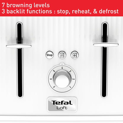 Tefal Loft 4-Slot Toaster with Extra-Wide Slots, Adjustable Browning, Defrost & Reheat Functions, Removable Crumb Tray, High Lift Lever, Classic