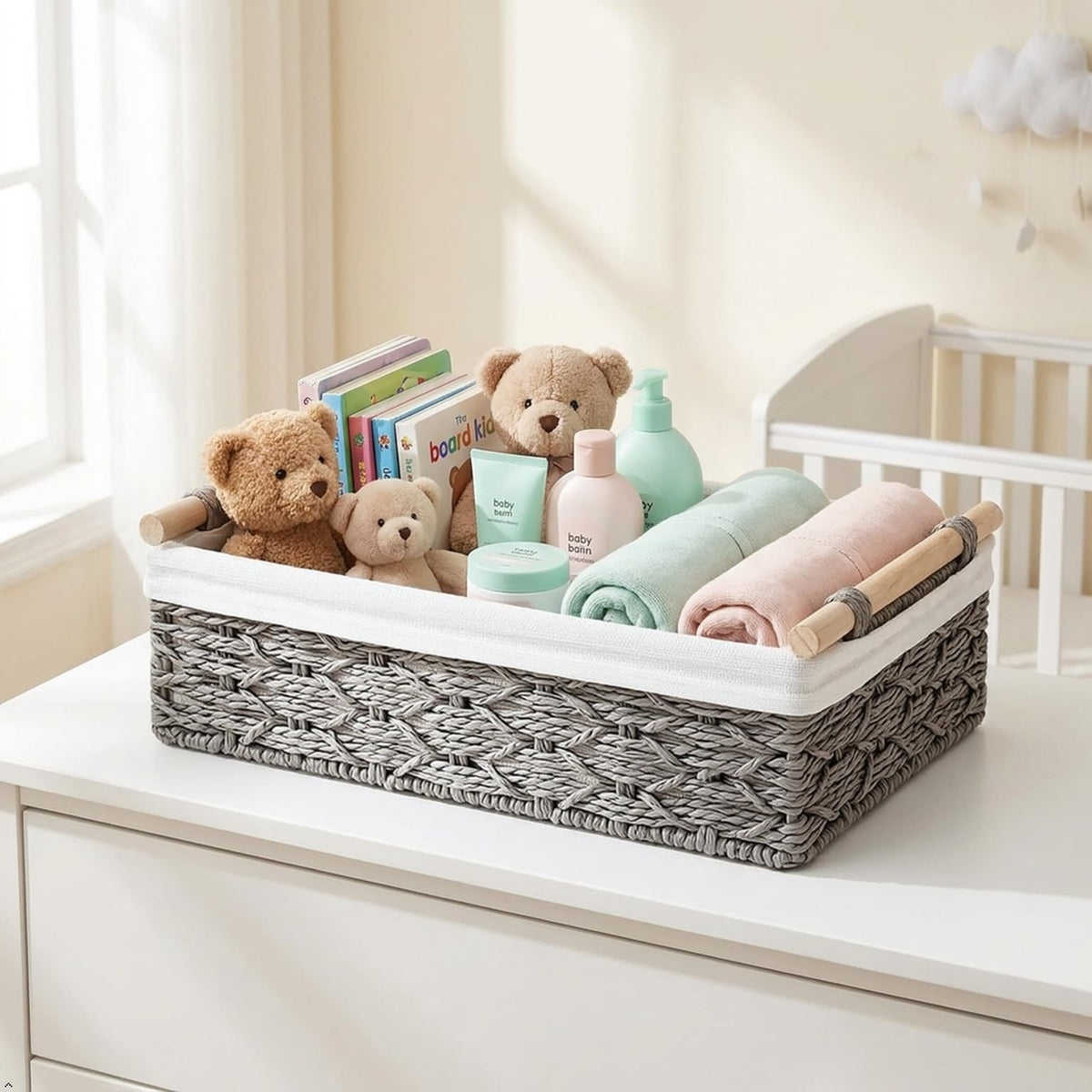 DUOER Storage Basket Wicker Baskets for Organizing Storage Bins for Countertop Toilet Paper Storage Basket for Toilet Tank Top Set of 2,Grey