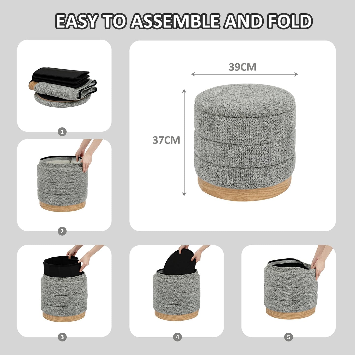PINPLUS Round Chenille Storage Ottoman, Tray Top, 39x39x37 cm, Grey