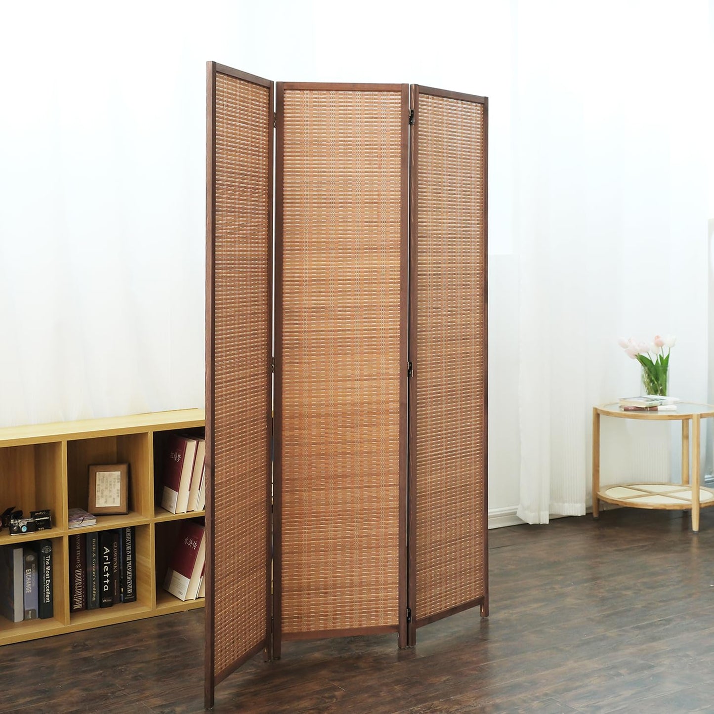 Furnnylane 3 Panel Bamboo Room Divider and Folding Panel Screen,Bamboo Panel Divider for Room Separation,Brown,170 cm H x 117 cm W