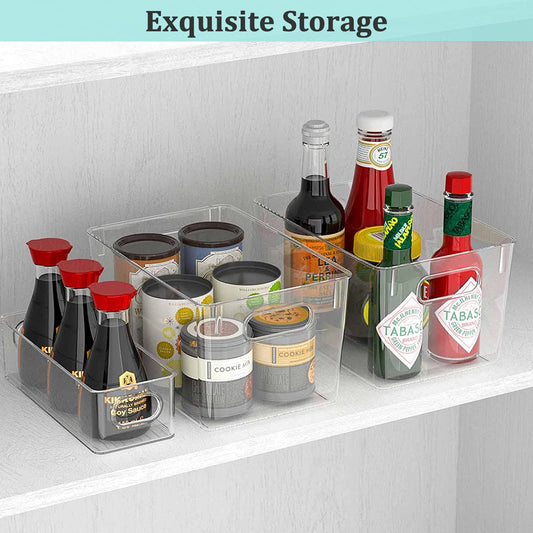 HPYLIFH Fridge Organiser with Handles, 4 Pack Clear Pantry Organizer Bins, Food Storage Basket for Kitchen, Countertops, Cabinets, Refrigerator,