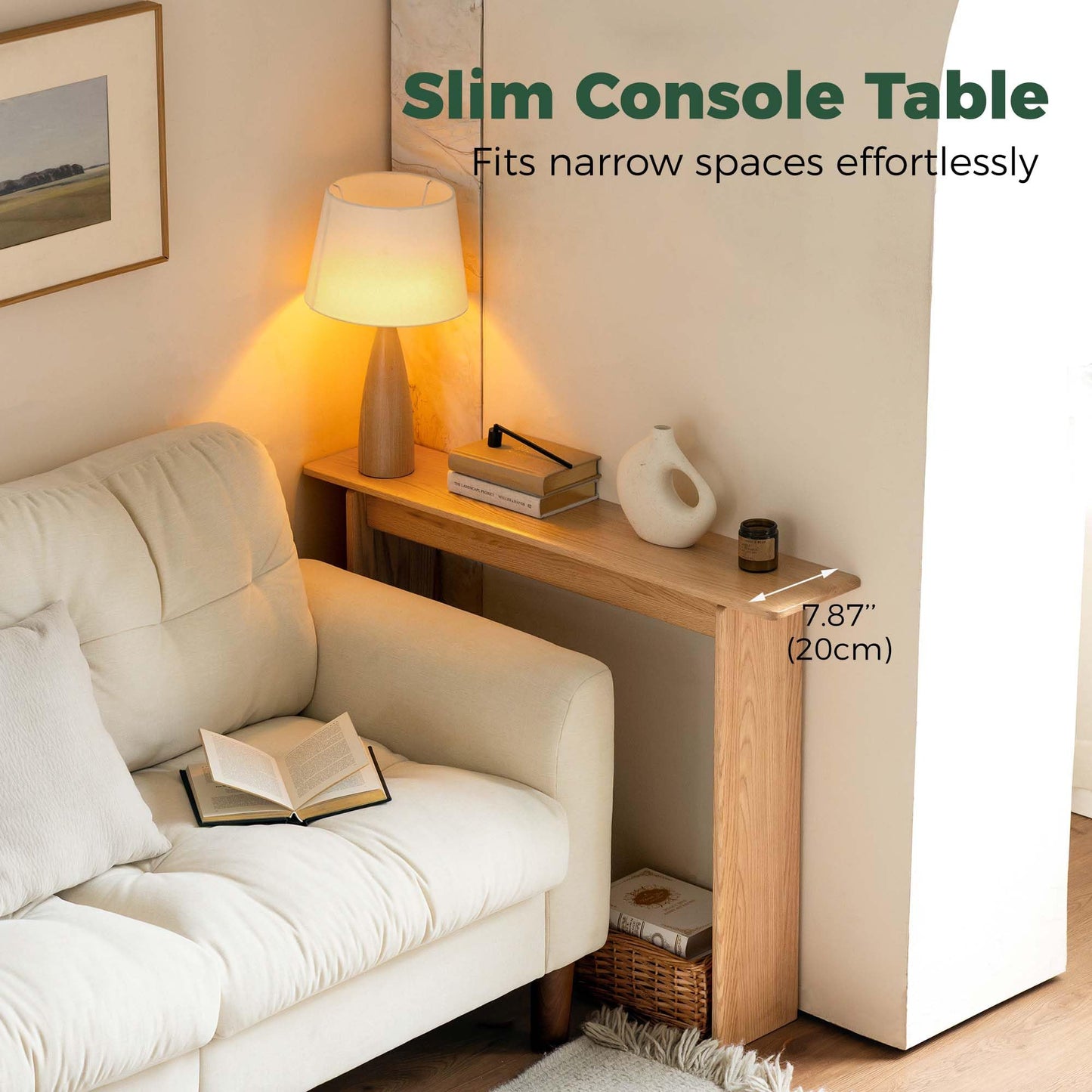 Slim Solid Oak Console Table for Entryway, Narrow Hallway Table,100x20x75cm