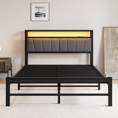 BORPHOM King Size Bed Frame with Storage and LED Lights,5ft Metal Platform Bed Frame King Size Bed Base with Charging Station,Mattress Base,Strong