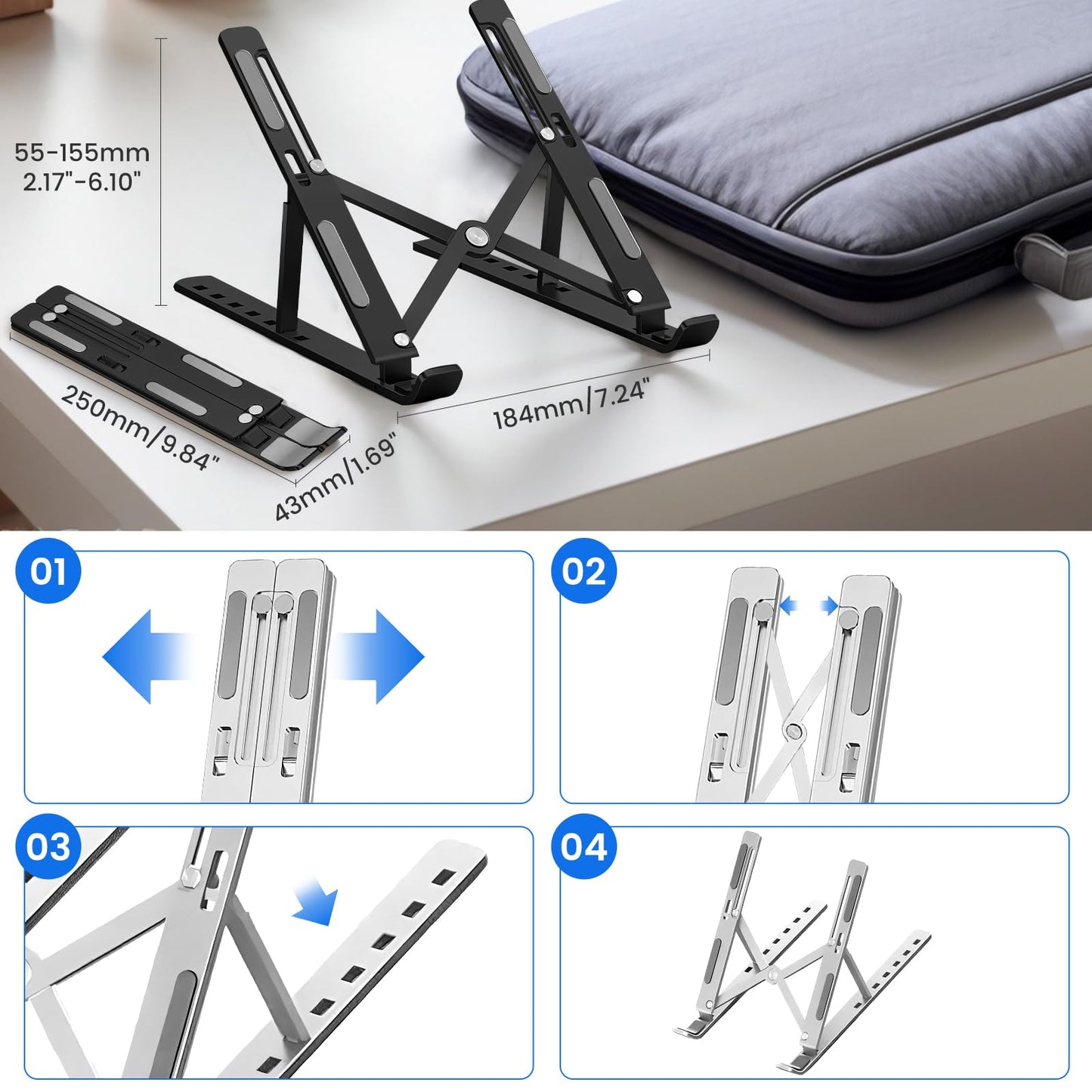 GrandMil Adjustable Laptop Stand for Desk – Foldable & Portable ABS+Silicone Riser, Ventilated Cooling Holder for 10-17.3” Laptops & Tablets (Black)