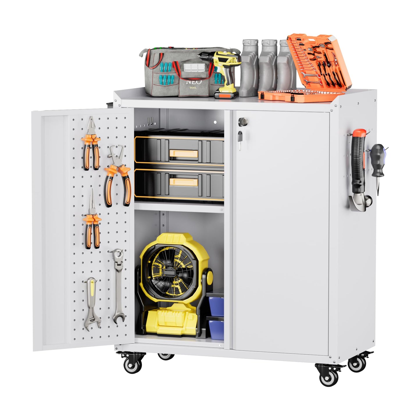 SUPEER Metal Tool Cabinet with Wheels & Pegboard, 87x66x35cm,White