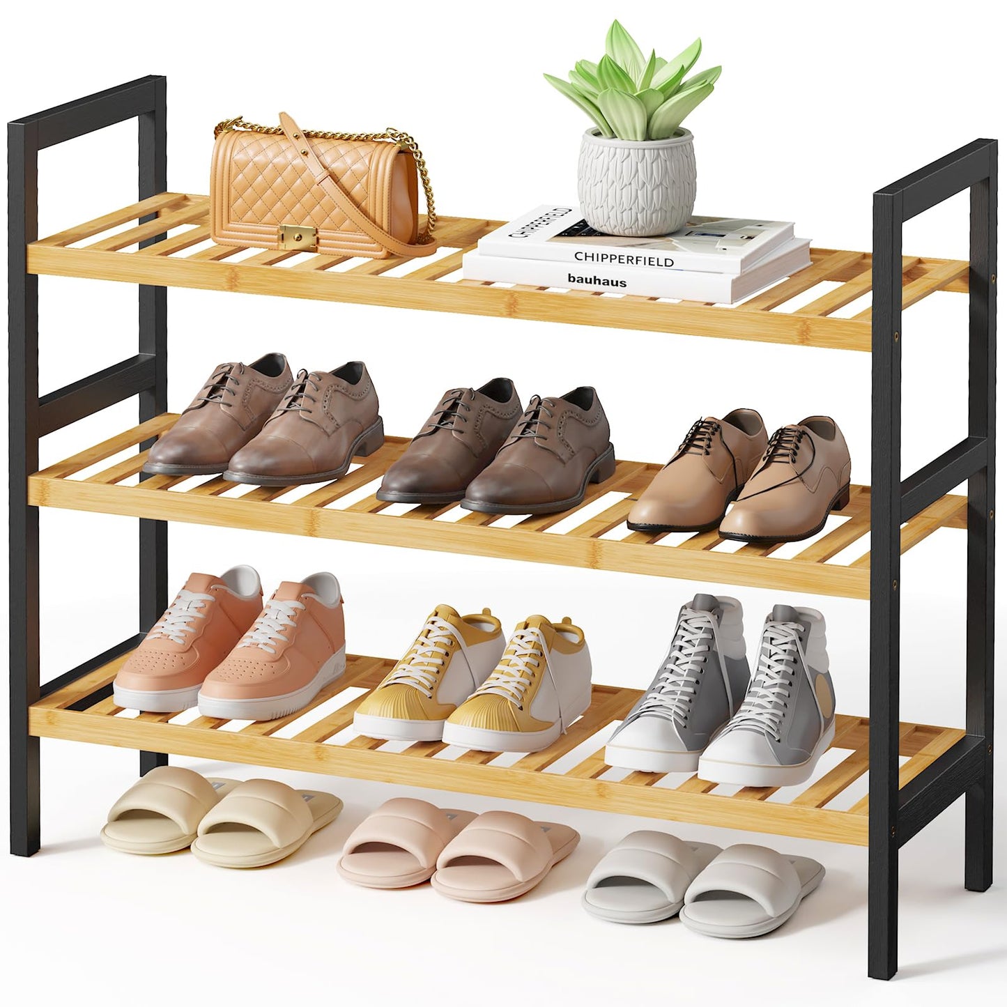 Kitsure Bamboo Shoe Rack – 3-Tier Bamboo Wooden Shoe Rack with Built-in Handle, Easy Assembly Shoe Storage for Entryway, Closet or Bedroom