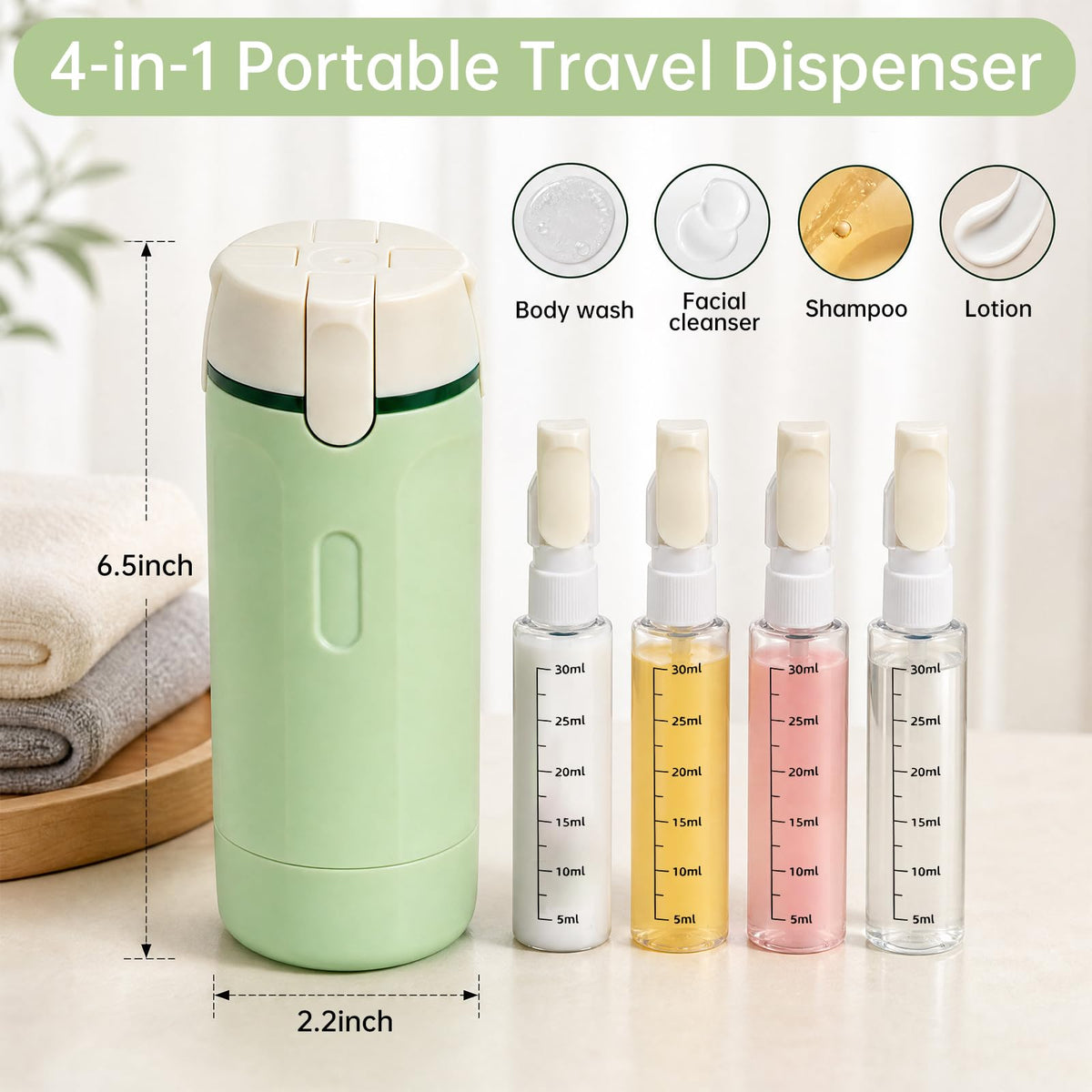 4 in 1 Travel Bottle Dispenser, Refillable Leakproof Mini Plastic Travel Containers for Toiletries