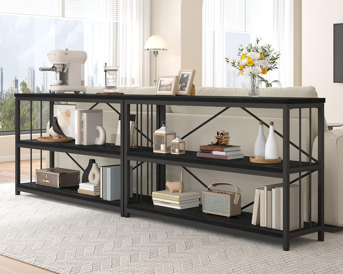 IBF Low Horizontal Book Shelf, Industrial Modern 3 Tier Bookshelf, Farmhouse Short Open Storage Organizer Long Shelf