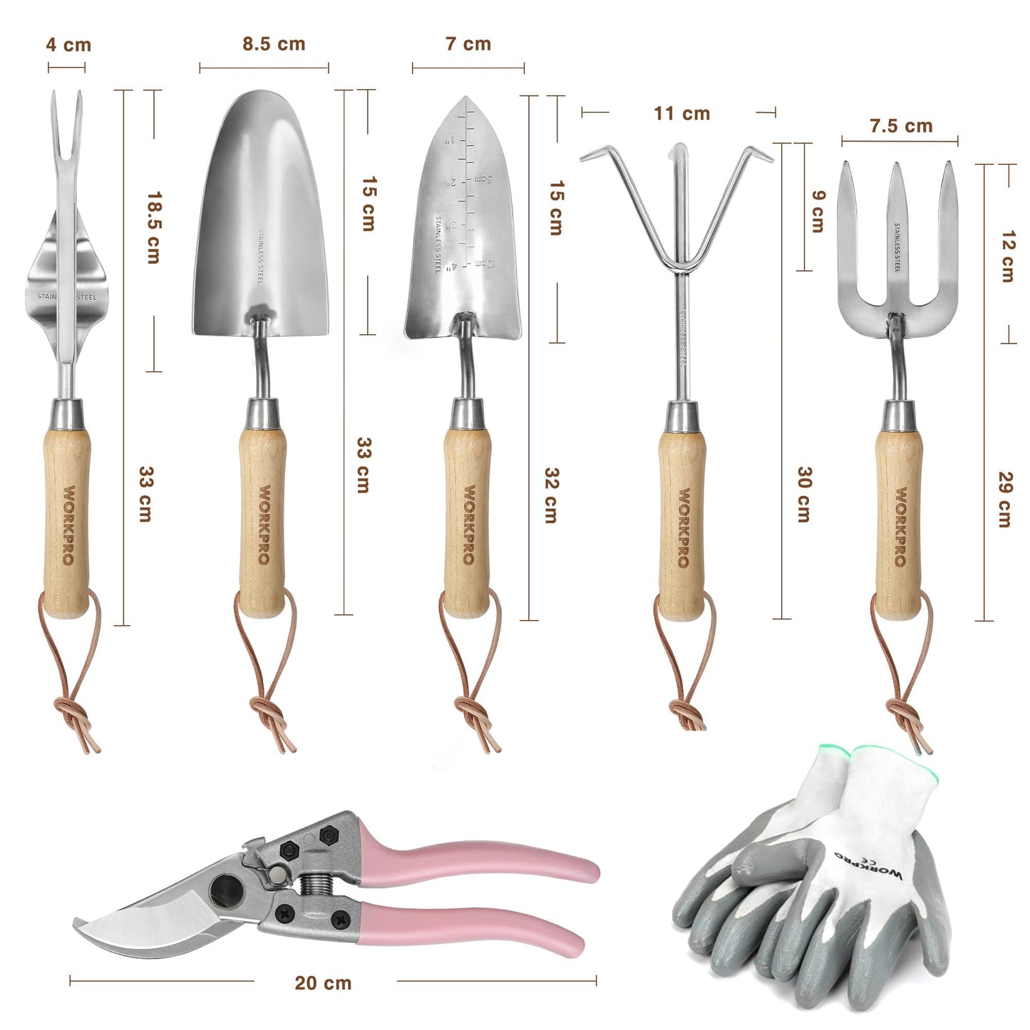 WORKPRO 8-Piece Pink Garden Tool Set, Stainless Steel Gardening Tool Set, with Wooden Handle and Garden Bag