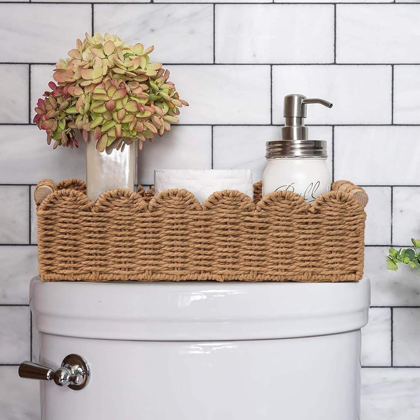 2Pcs Wicker Storage Baskets, Handwoven Organiser Boxes with Wooden Handles, Versatile Woven Bins for Bathroom, Kitchen, Pantry