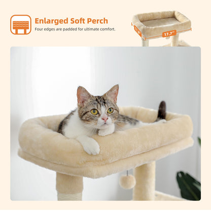 PAWZ Road Cat Tree 143cm, Big Cat Tower 56.3 Inches with Hammock and Lovely House, Activity Center Stable and Sturdy Size L Beige