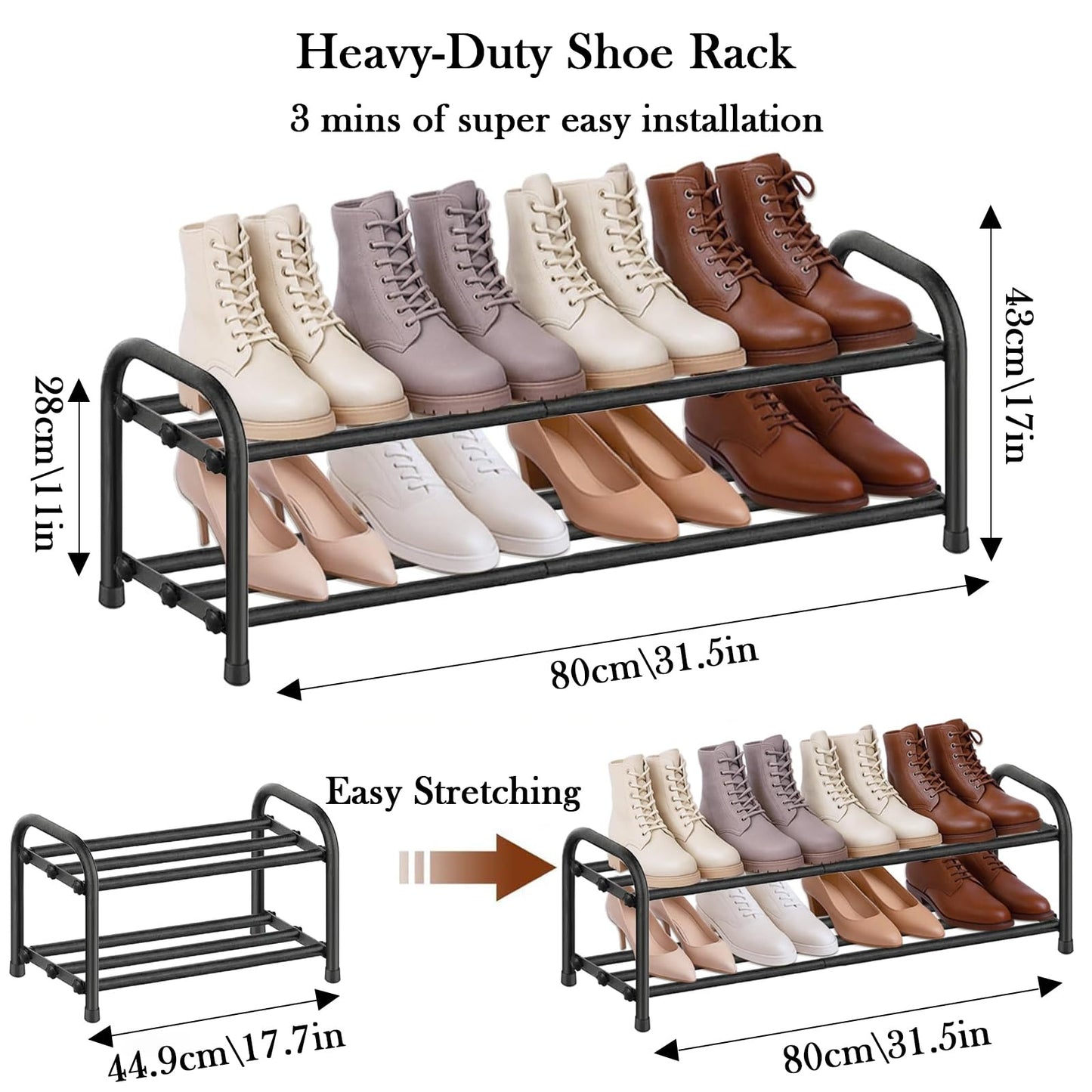 HZXYchen 2 Tier Expandable Shoe Rack | Adjustable Width 45-80cm | Narrow Metal Storage for for Small Narrow Space, Entryway, Closet, Wardrobe(Black)