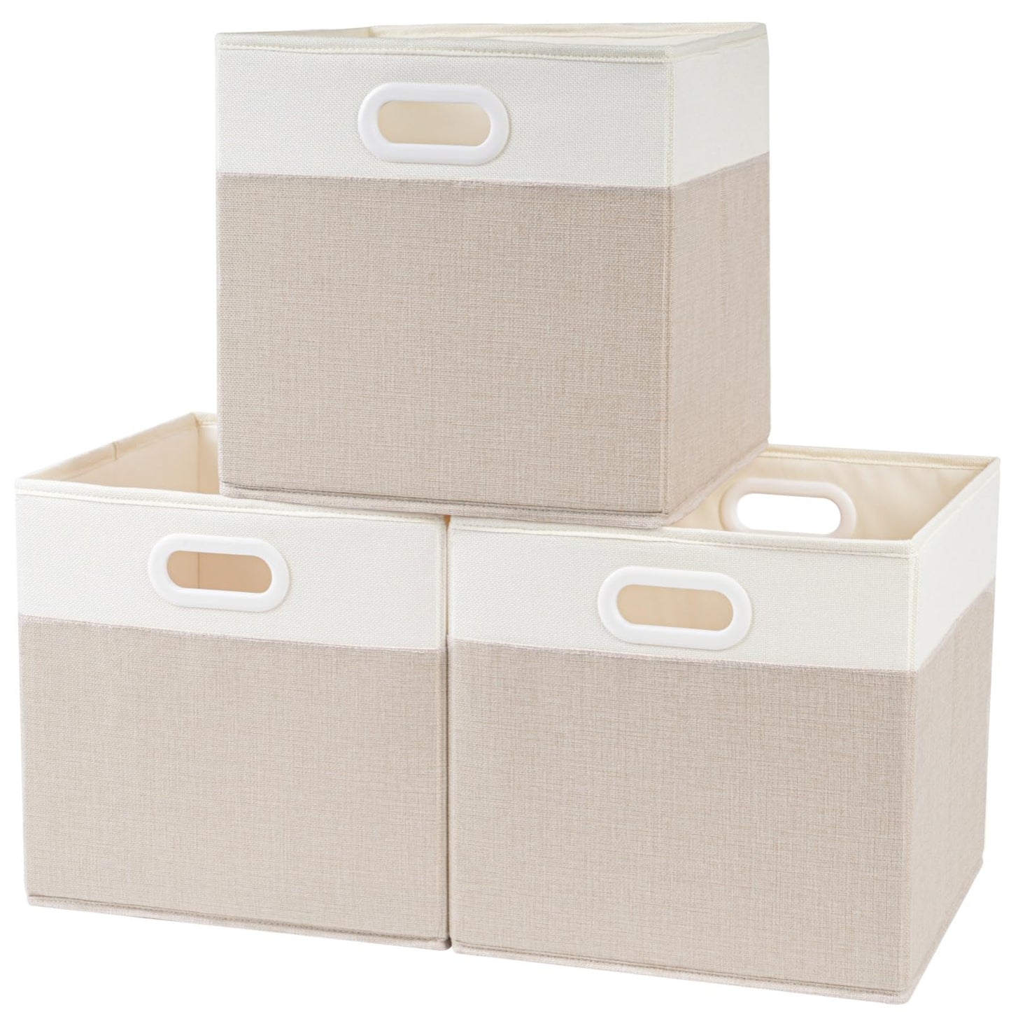 SOCOHOME Fabric Cube Storage Boxes,33x33x33cm Foldable Storage Baskets for Shelf Nursery Closet(Light beige/White, Set of 3)