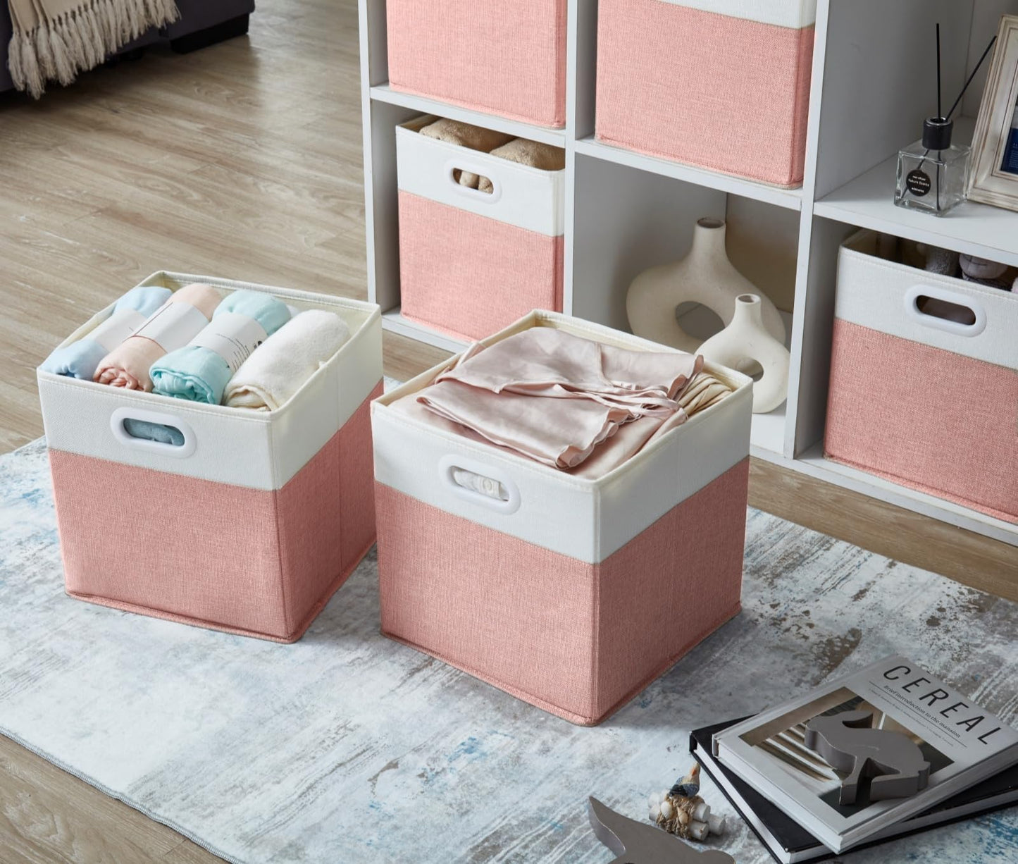 SOCOHOME Fabric Cube Storage Boxes, 30x30x30cm Foldable Storage Baskets for Shelf Nursery Closet(Pink/White, Set of 4)