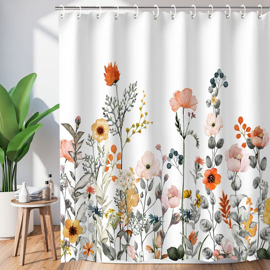 FLCSIed Floral Shower Curtain, Flower Fabric Cloth Shower Curtains for Rustic Vintage Bathroom Decor, Plant Shower Curtains with Watercolor Chic