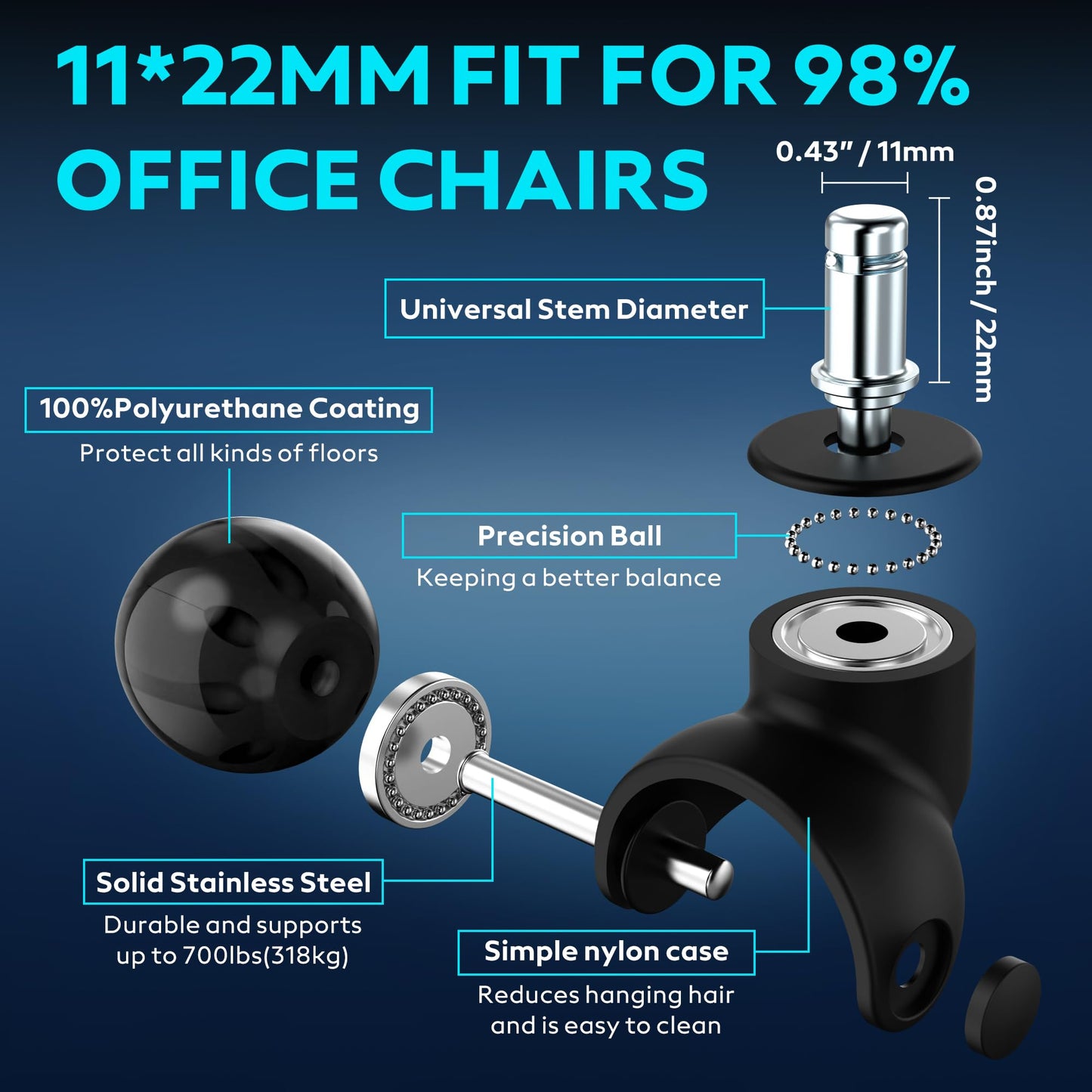 WEWILL Office Chair Castors, 11 x 22 mm Wheels for Office Chairs, Replacement Wheels for Office Chairs on Carpet and Parquet Floors
