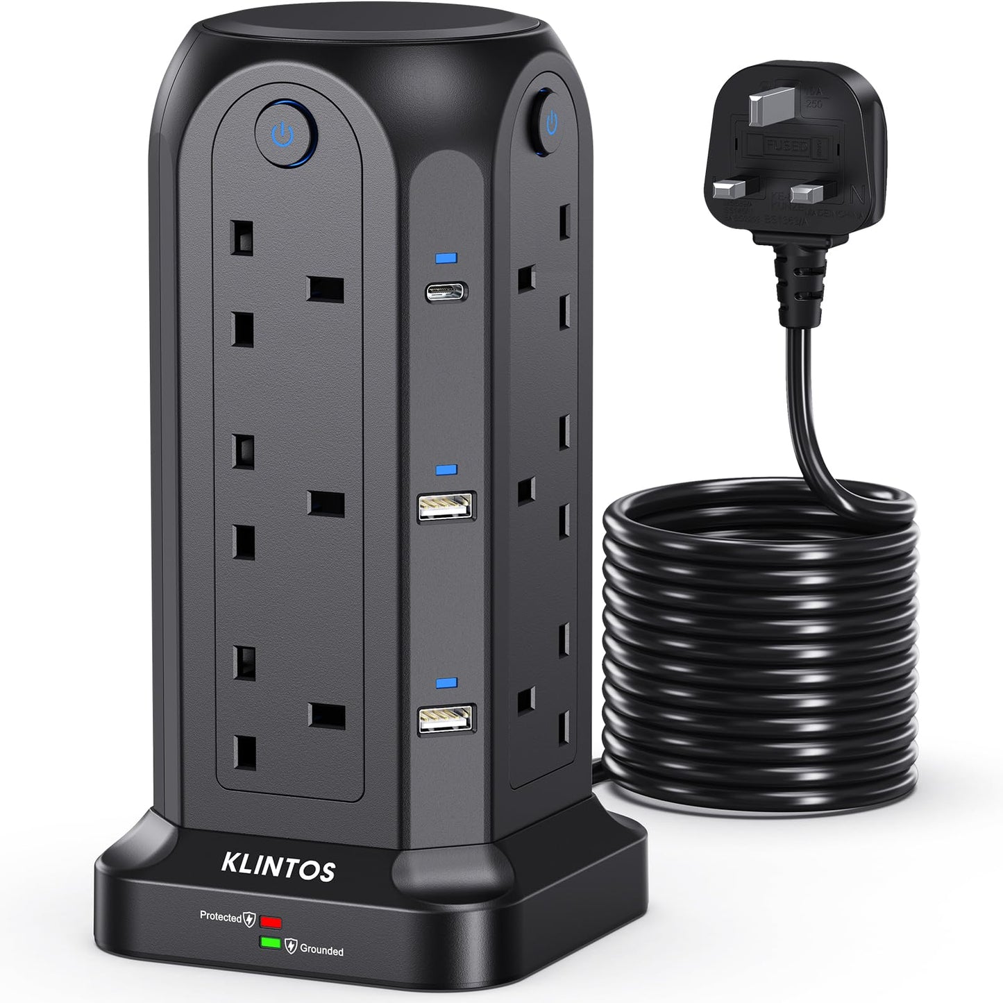 Tower Extension Lead 5M, 12 Way Surge Protection With 4 Individual Switches, 6 USB Slots (2 Type C & 4 USB A), Black Tower for Home, Office