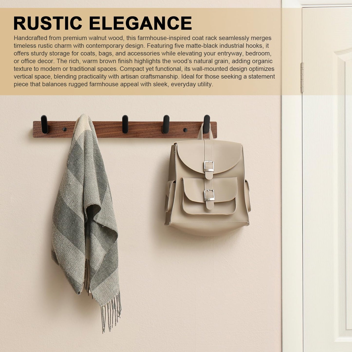 Coat Hooks Wall Mounted, Walnut Wood with 5 Heavy-Duty Aluminium Hooks