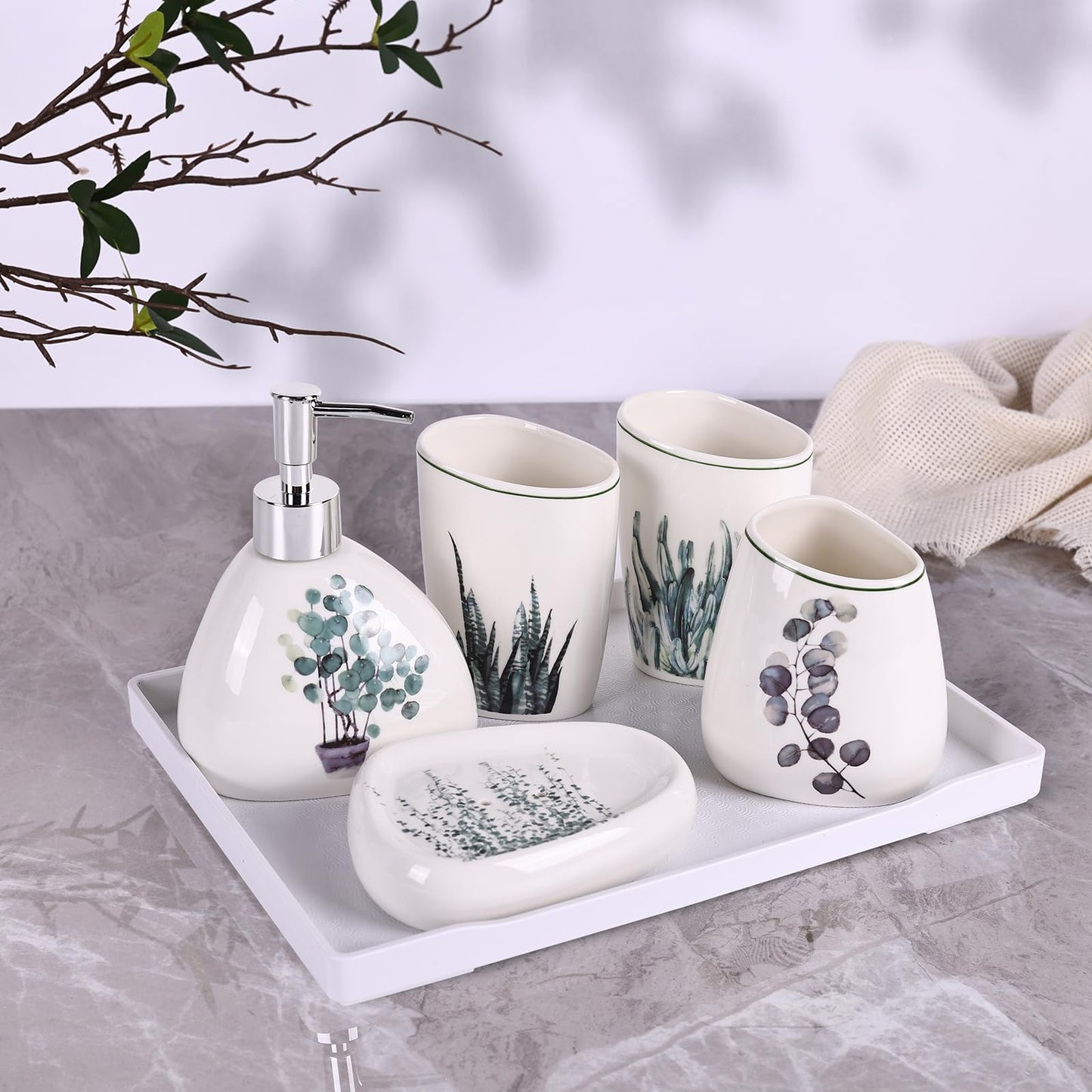 White Bathroom Accessories Set,Modern Countertop Bathroom Decor,Luxury 6 Piece Bathroom Accessory Set,Complete with Soap Dispenser,Toothbrush