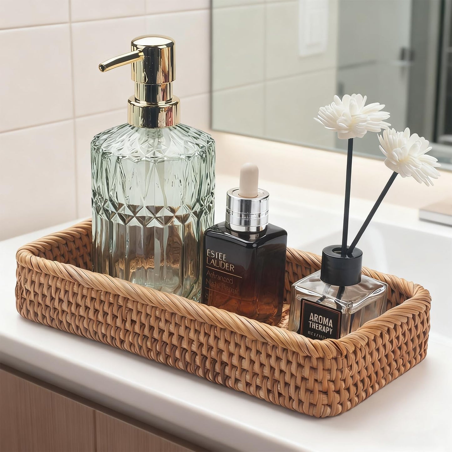 Alriedy 1 PCS Rattan Wicker Tray Basket Narrow Storage Tray Organizer, Rectangular Small Rattan Basket – Stylish Durable Organizer for Bathroom
