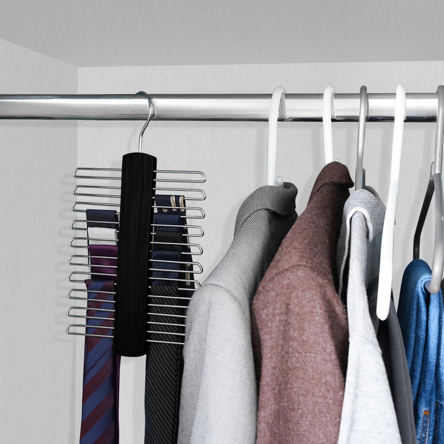 Tie Hanger for Wardrobe | Wooden Tie Organiser for Men with 20 Non-Slip Chrome Bars