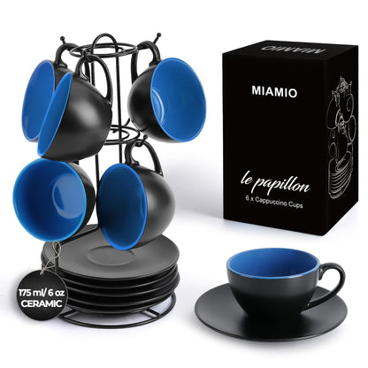 MIAMIO - Set of 6, Ceramic Stackable Cappuccino Cups Set / 175 ml Cappuccino Mugs and Saucer with Metal Stand for Coffee Drinks, Cappuccino, Latte,