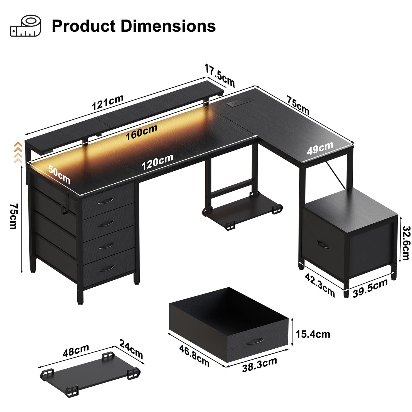 JUMMICO Corner Desk with Cabinet, Reversible L Shaped Computer Desk with Power Outlet and USB Ports, LED Lights and Hooks