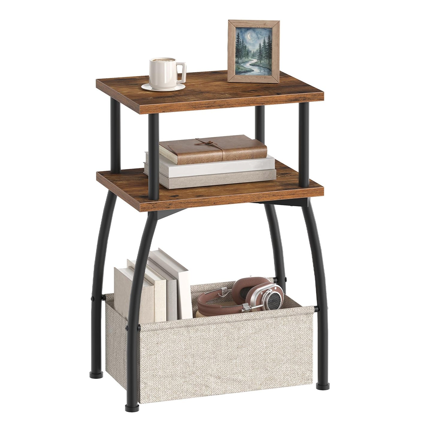 HOOBRO Narrow Side Table, 3-Tier Small Table with Linen Storage Basket, Sofa Side Tables for Small Space