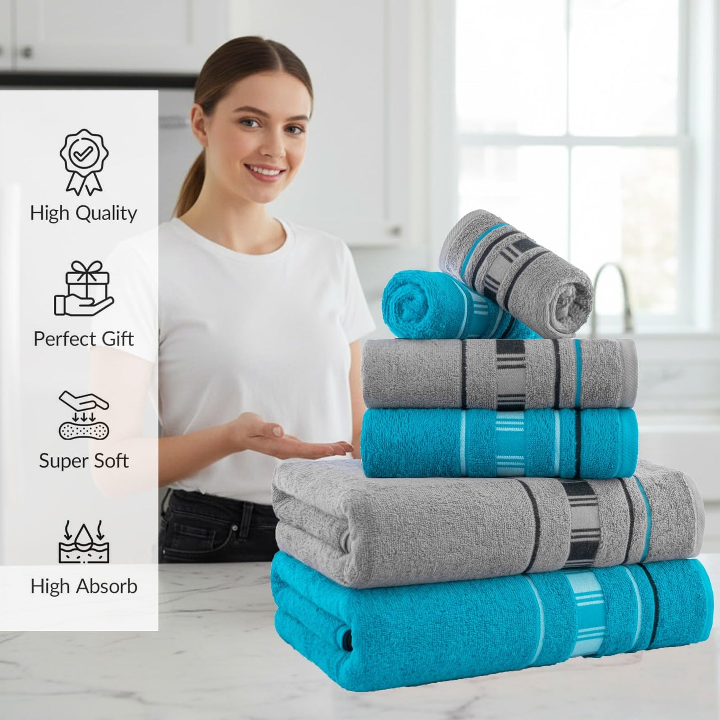 CASA COPENHAGEN X Lines towel made from 600 gsm Egyptian cotton for hotel, spa, kitchen and bathroom, 6-piece set with 2 bath towels, 2 hand towels