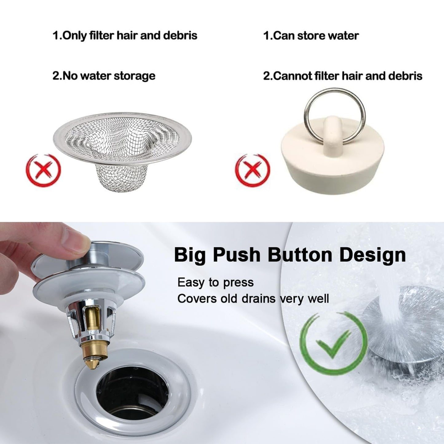 Sink Plug Replacement, Universal Bathroom Sink Plug, for 33-40 MM/28-33 MM, Pop Up Sink Hole Plug Cover with Strainer
